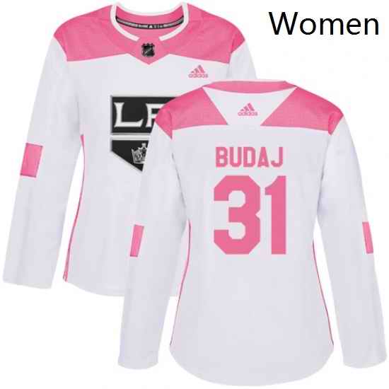 Womens Adidas Los Angeles Kings 31 Peter Budaj Authentic White Pink Fashion NHL Jersey